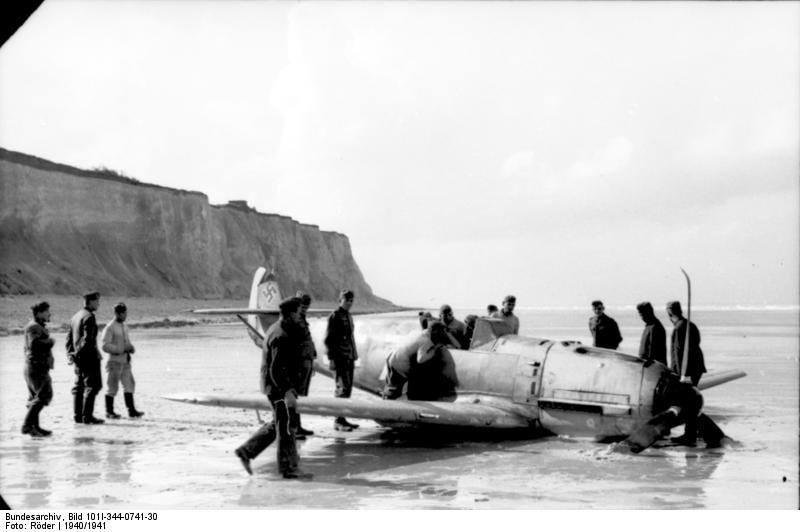 German Bf 109 fighter after force-landing on a French beach