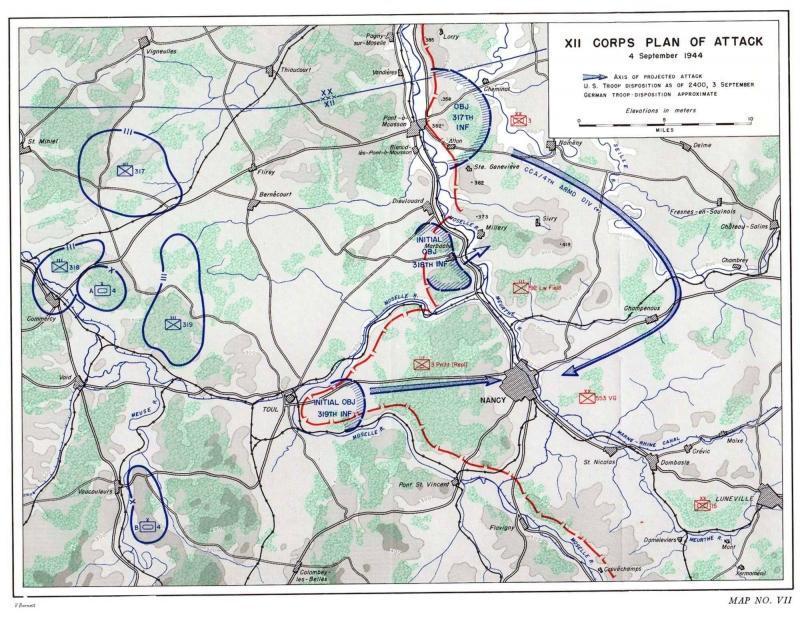 Map with plan of attack for US Army XII Corps on Nancy