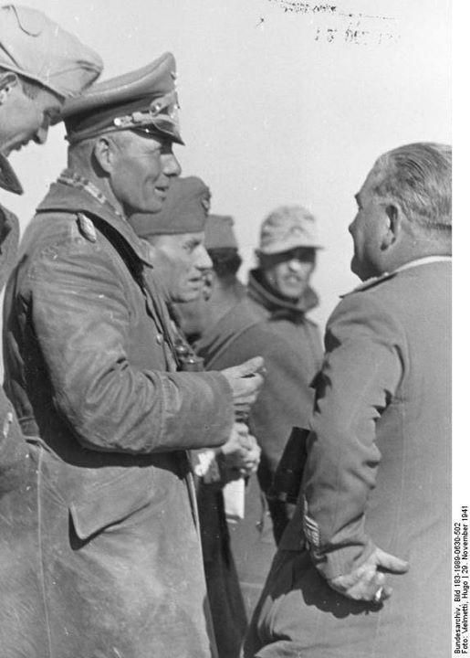 Erwin Rommel speaking to German officers near Tobruk