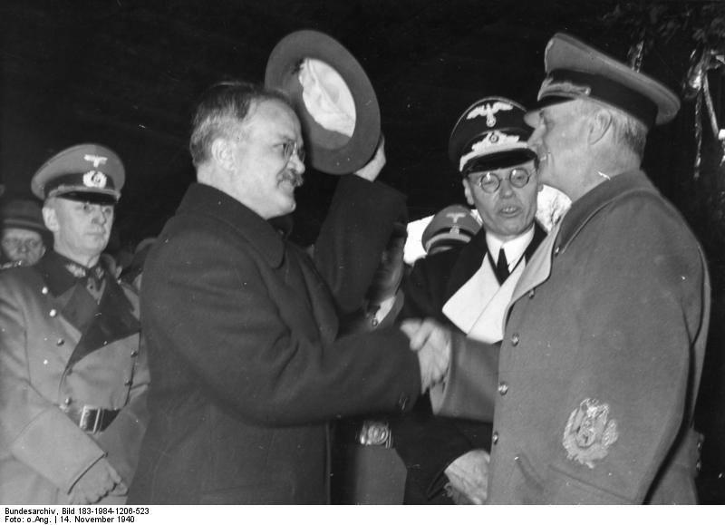 Vyacheslav Molotov and Joachim von Ribbentrop shaking hands