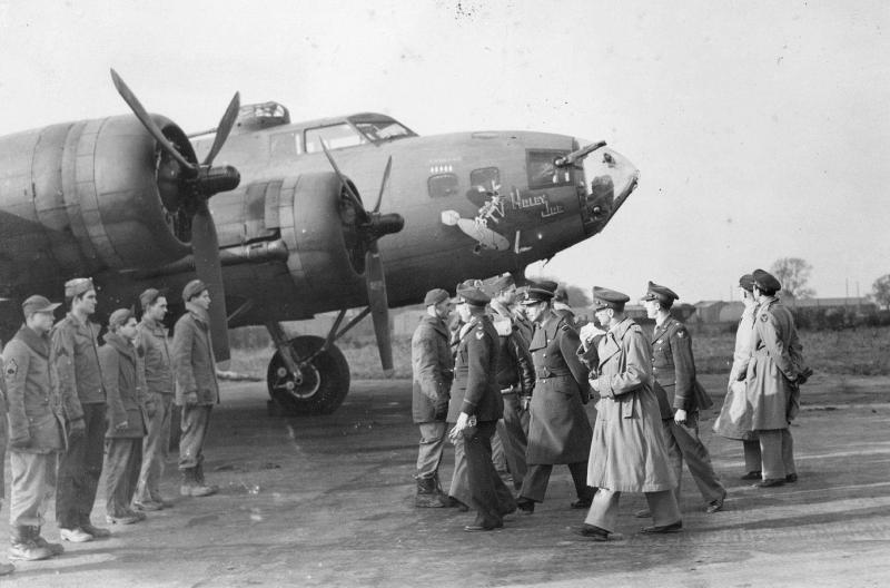 King George VI visits the base of the USAAF 352nd Bomb Squadron at Chelveston