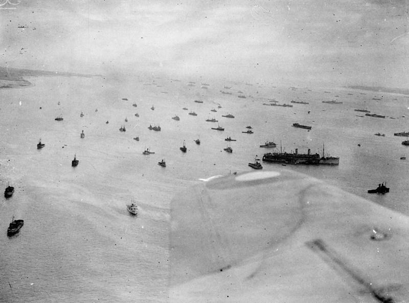 Aerial photo of ships of the Royal Navy massing off the Isle of Wight