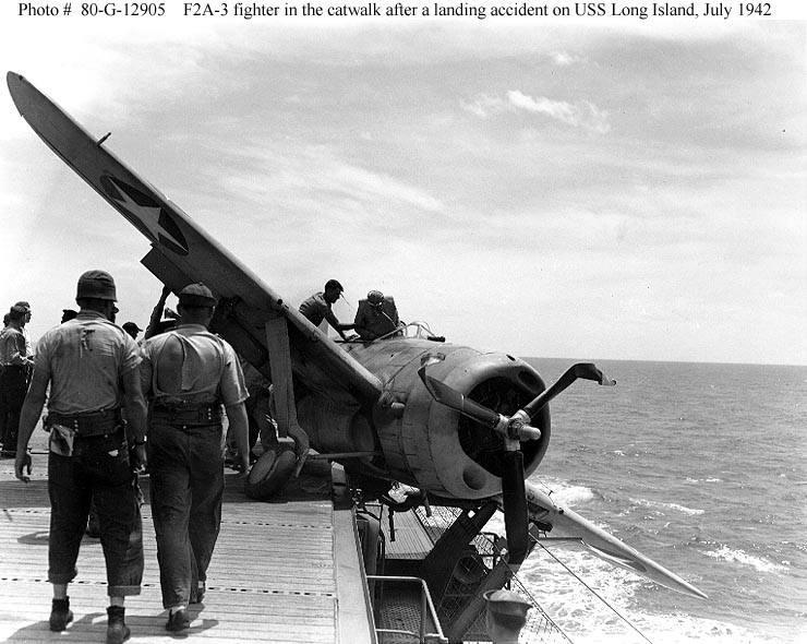 Brewster F2A-3 \"Buffalo\" fighter rests in the flight deck gallery walkway