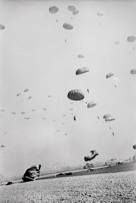 Photo by Robert Capa, American paratroopers landing Wesel